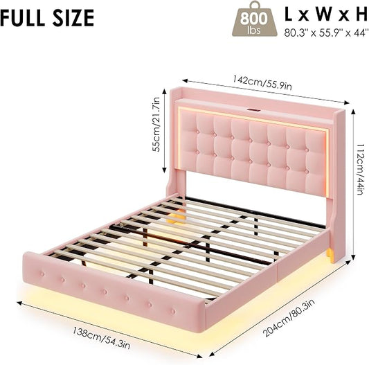 Keyluv Full Floating Bed Frame with Storage Headboard, LED Lights & Charging Station Platform Bed, Soft Upholstered Velvet, USB/Type-C Ports, Easy Assembly, Pink