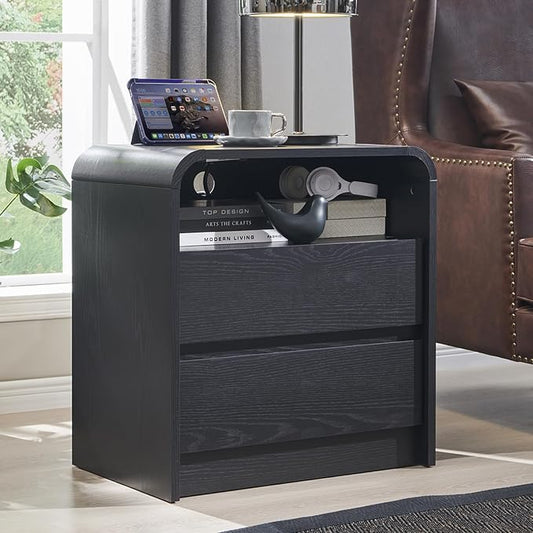 Aitjunz 25" Tall Modern Nightstand Set of 2, 23.6'' Wide Wood Bedside Table w/2 Storage Drawers, Charging Station, Mid Century End Table for Bedroom, Living Room,Curved Profile Design, Black