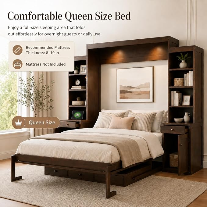 Queen Murphy Bed with Desk, Wall Bed Cabinet with Storage Shelves, Enclosed Cabinets and Hidden Foldout Workstation, Folding Cabinet Bed, Space Saving Bed for Guest Room, Home Office (Dark Brown)