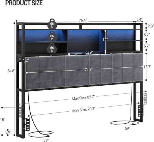 Hzuaneri Headboard with 3-Tier Storage Shelves, Velvet Upholstered Head Board with 2 Outlets, USB Ports & LED Light, Soft Backrest for King Size Bed, Black BH19404B