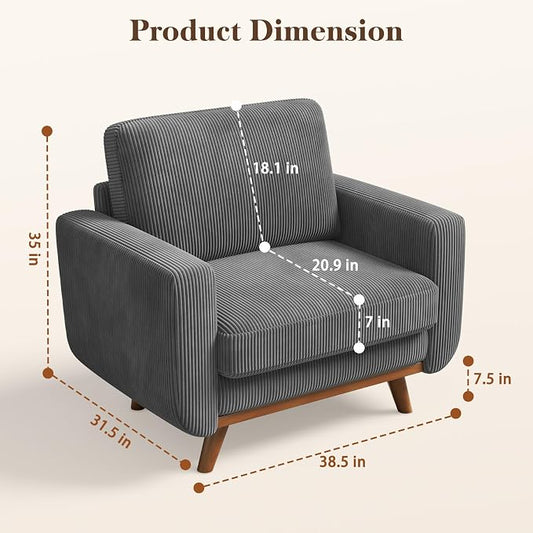Vesgantti 38.5" Accent Chair Dark Gray, Comfy Corduroy Single Sofa Seat with Spring Cushion, Upholstered Armchair with Deep Seat, Reading Chair for Adults, Modern Sofa for Living Room, Bedroom