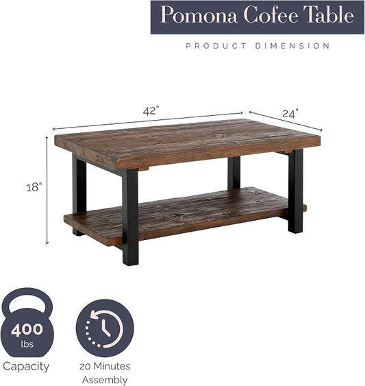 Pomona 42-Inch Rectangular Solid Wood Coffee Table with Storage Shelf & Metal Legs – Rustic Industrial Farmhouse Living Room Table by Alaterre Furniture (Rustic Natural)