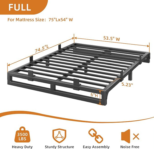 Full Size Bed Frame, 6 Inch Metal Platform Bed Frames with Squeak Free U-Slot Design, 6 Non-Slip Guards, 3500lbs Heavy Duty Steel Slat Support, No Box Spring Needed, Under Bed Storage, Black