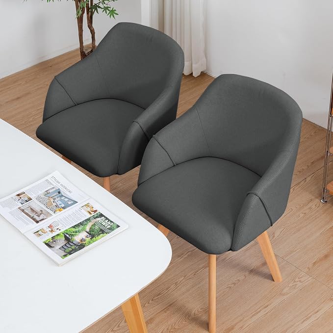Swivel Dining Chairs Set of 2, Mid Century Modern Dining Chairs with Arms, Wood Legs, Linen Fabric Upholstered Kitchen Chairs for Dining Room Living Room, Comfortable Large Seat, Grey