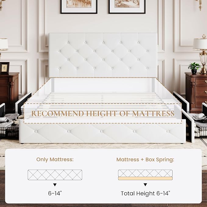 SHA CERLIN Queen Platform Bed Frame with 4 Oversized Storage Drawers, Adjustable Headboard with Velvet Upholstery, Diamond Button Tufted Design, Wooden Slat Support, No Box Spring Needed, White
