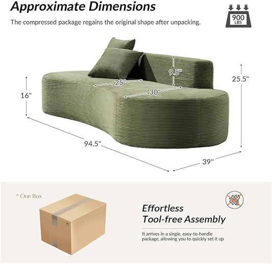 94.5" Modern Curved Sofa, 3-Seater Comfy Foam Couch with 2 Pillows, Frameless & No Assembly Required, Cloud Couch for Living Room, Green