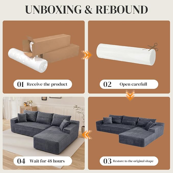 108" L Shaped Cloud Boneless Sectional Couches for Living Room, Modern Comfy Modular Deep Seat Memory Foam Compressed Corduroy Sofa Oversized Right Facing Chaise, No Assembly Required, Grey