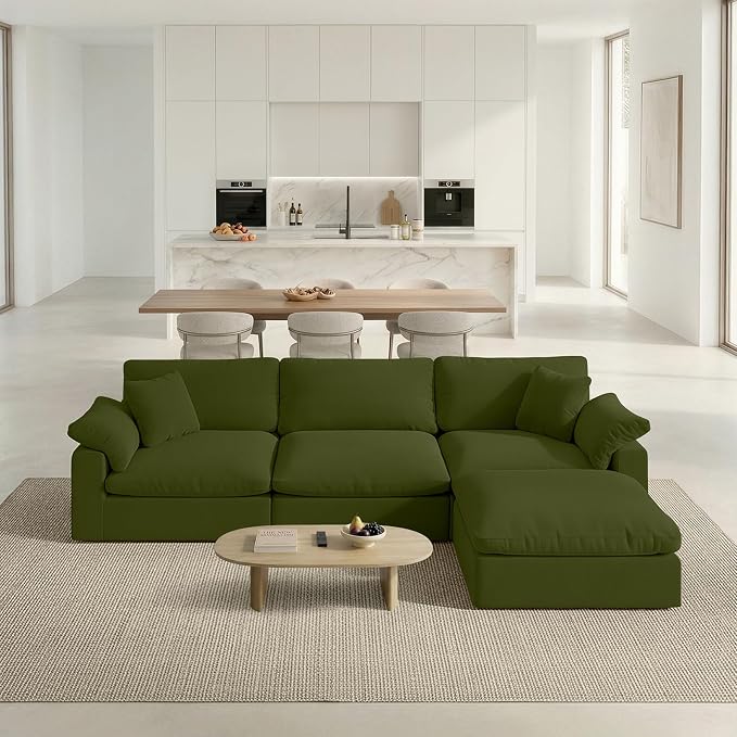 Modular Sectional Sofa Cloud Couch,Down Filled Comfy Cloud Modern Sofa,Green Linen L Shape Oversized Couch Cushion Covers Removable Furniture for Living Room