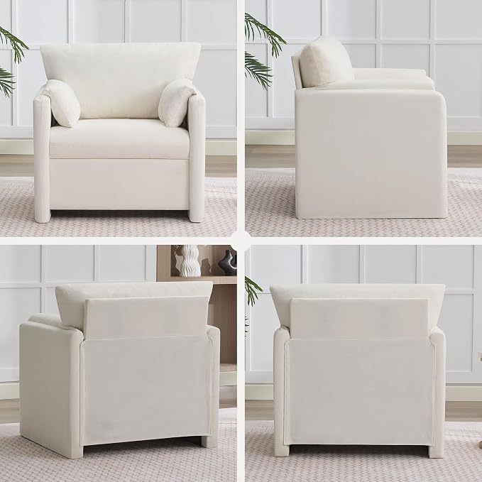 Oversized Accent Chair for Living Room, 32.68" Modern Armchair Set of 2 with Deep Seat, Mid-Century Comfy Reading Chair with Padded Arms, Large Chenille Single Sofa Chairs for Bedroom, Beige
