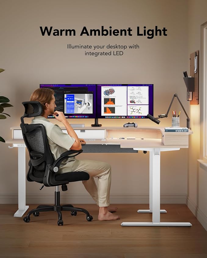 HUANUO 65″ L-Shaped Standing Desk with Power Outlets & LED Strip, Electric Height Adjustable Corner Computer Desk, Sit Stand Up Desk with 3 Drawers, Natural Wood