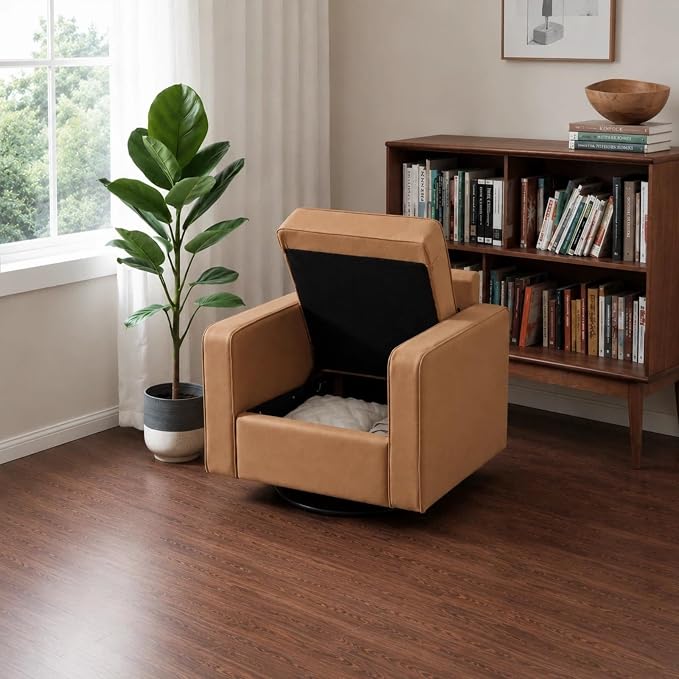 Aoiy & Wifon 33.6" W Swivel Accent Chair, Mid Century Modern Swivel Chair for Living Room, Comfy Small Accent Chair, PU Leather, Amber
