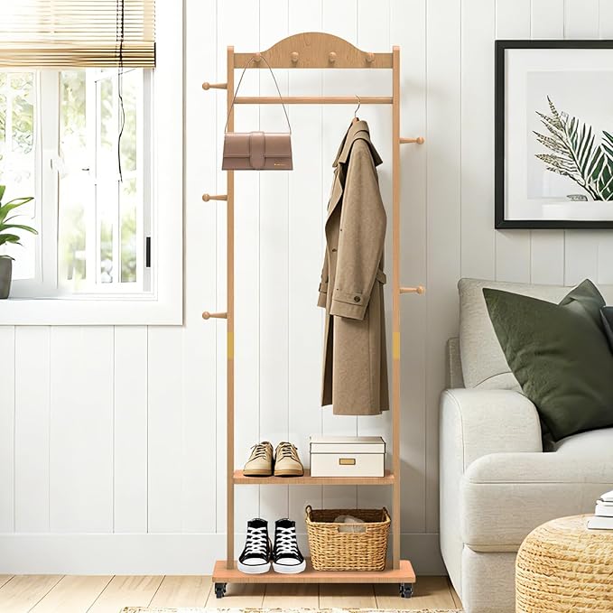 Wood Clothes Rack with Storage, 2 Shelves, 9 Hooks, Garment Rack with wheels, Coat Rack Freestanding, Clothing Rack Heavy Duty Hall Tree for Living Room Hallway,835 Natural