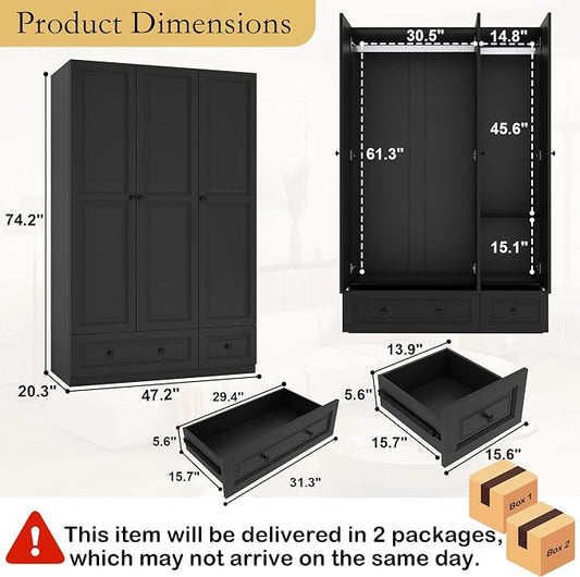 Armoire Wardrobe Closet with Drawers: 47" Black Wardrobe Closet with 3 Doors and 2 Drawers, Wood Clothes Armoire with Hanging Rod, Clothing Storage Cabinet for Bedroom