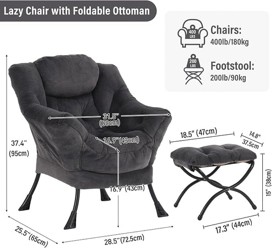Furlide Lazy Chair with Ottoman, Modern Accent Chair with Armrests and a Side Pocket, Plush Navy Accent Chairs, Reading Chairs, Oversized Armchairs for Bedroom, Study, Living Room, Courtyard