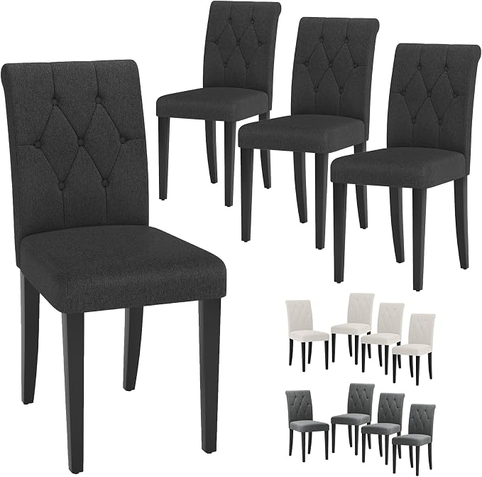 Welzona Upholstered Dining Chairs Set of 4, Button Tufted Parsons Dining Chair with Solid Wood Legs, Modern Fabric Side Chair for Dining Room/Kitchen/Restaurant/Hotel- Black