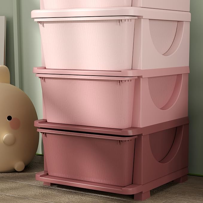 Qaba 4 Tier Kids Storage Unit, Toy Organizers and Storage with 4 Drawer Chest for Kids Bedroom Nursery Kindergarten Living Room for Boys Girls Toddlers, Pink