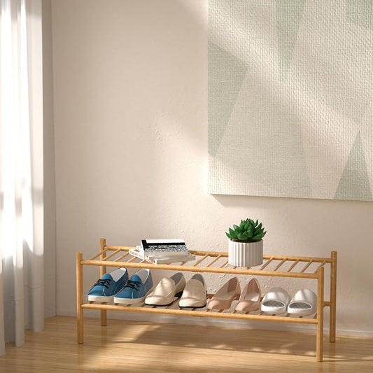 ROMGUAR CRAFT 2-Tier Bamboo Long Shoe Rack, Free Standing Wood Shoe Shelf Storage Organizer for Closet Entryway Stackable 35"x11"x13" (Natural)