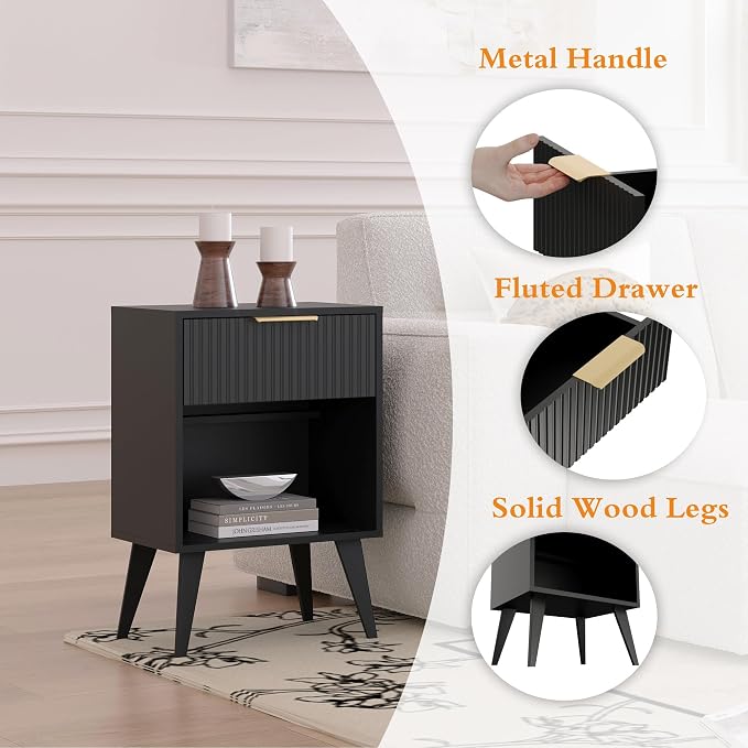 YAUKOMEL Fluted Night Stand with Opening Storage,Mid Century Bedside Table with Drawer,Black Nightstand with Wood Legs,End Table Side Table for Living Room,Bedroom,11.8" Dx15.7 Wx 25.2" H CTG56BK