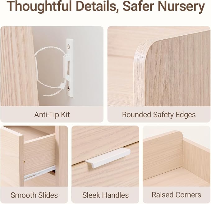 MAMAZING Keeva Pro 6-Drawer Baby Dresser with Changing Table, Easy Assembly | Washed Natural Wooden Nursery Dresser, Anti-Tip Design & Adjustable Feet, Dresser for Bedroom, Kids & Toddlers, 44" Wide