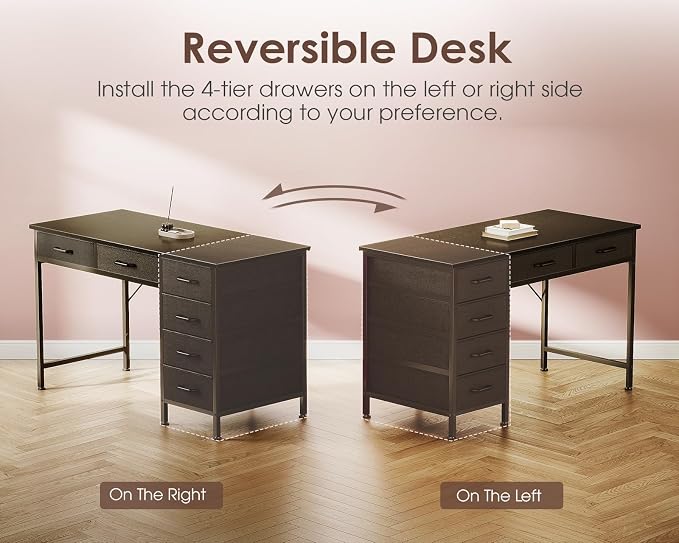 Casaottima 40 Inch Small Computer Desk with 6 Drawers, Reversible Storage Desk for Home Office, Work Study Table for Bedroom, Black