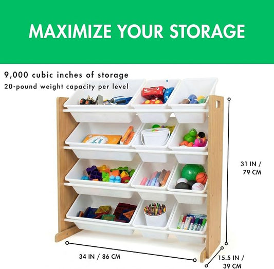 Humble Crew Toy Storage Organizer with 12 Removable Storage Bins for Kids Playroom, 4-Tier Toddler Toy Organization, Natural/White