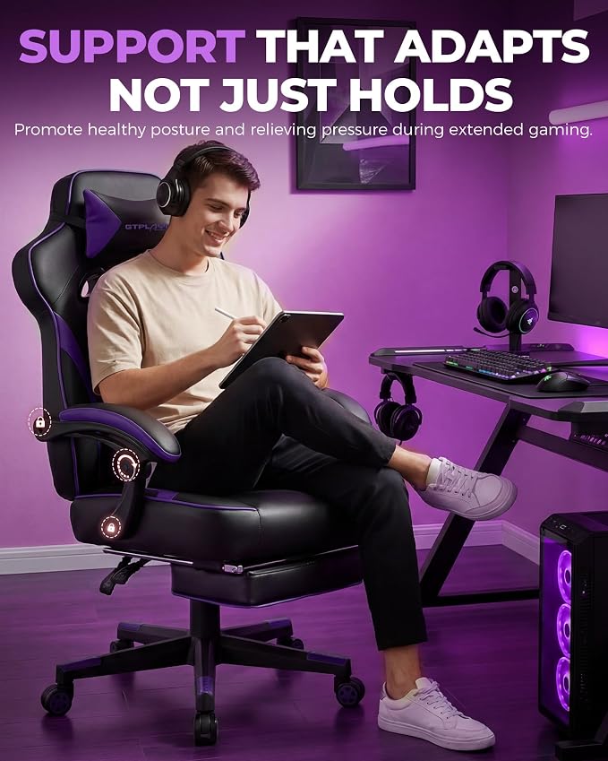 GTPLAYER Gaming Chair with Footrest, Big and Tall Game Chair 350lb Racing Style Computer Chair, Ergonomic Executive Office Chair High Back with Lumbar Support and Recliner, Purple