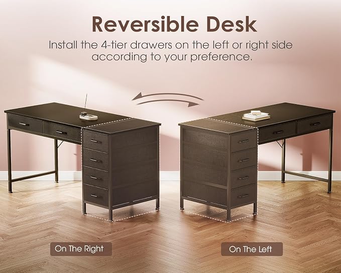 Casaottima 48 Inch Computer Desk with 6 Drawers, Reversible Storage Desk for Home Office, Work Study Table for Bedroom, Black