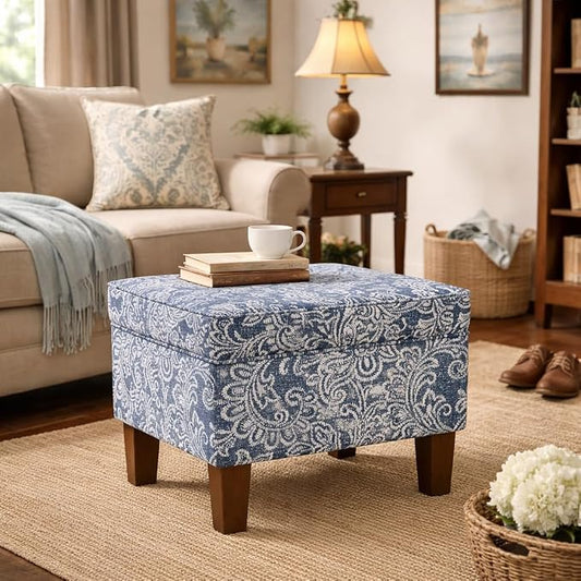 HomePop 22" Modern Rectangular Storage Ottoman - Blue Denim Jacobean Print