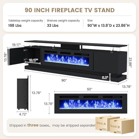 90" Fireplace TV Stand, Modern Entertainment Center for TVs Up to 100”, TV Console with Storage Cabinets, Media Console for Living Room, WiFi Enable Black TV Stand and Black Fireplace