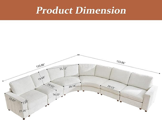 ORRD Oversized Curved Sectional Sofa, Convertible L Shaped Couch with Deep Seat, Boucle Modular Sectional Sofa with Pillows, Curved Chenille Comfy Corner 6 Seat Couch for Living Room, White