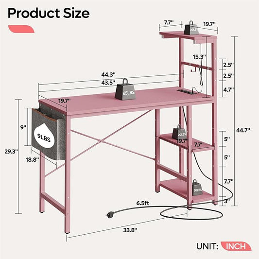 Bestier Pink Gaming Desk with Power Outlets, 44 Inch Led Gamer Desk with 4 Tiers Reversible Shelves, Computer Desk with Headset Hook & Side Storage Bag for Bedroom (Pink 3D Carbon Fiber)