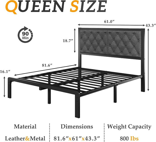HISOFT Queen Bed Frame with Upholstered Button Tufted Headboard, Bed Frame Platform Metal Slats Support, Under Bed Storage, No Box Spring Needed, Noise-Free, Easy Assembly, Grey