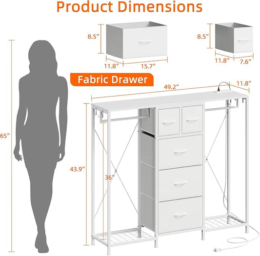 HIGDBFE 5-Drawer Dresser with 2 Hanging Racks, White, 49.2" W | LED Lights&Charging Station, Hooks, Wooden Top, Fabric Drawer, Dresser TV Stand for Bedroom, Dorm