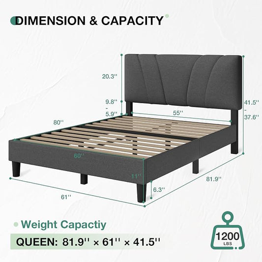 Novilla Queen Size Bed Frame Upholstered Queen Bed Frame with 3-Height Adjustable Headboard, Strong Weight Capacity, No Box Spring Needed, Easy Assembly, Grey