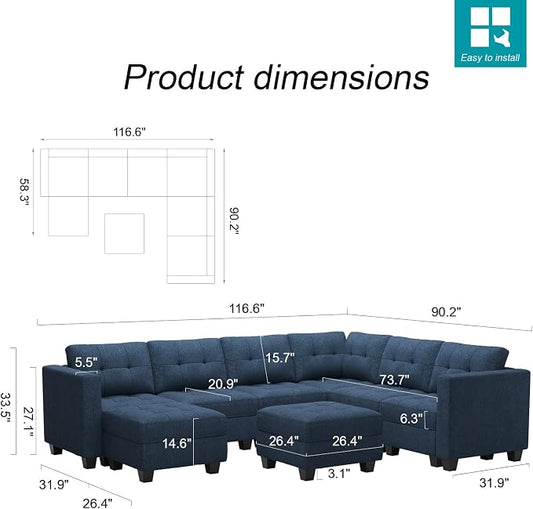 Belffin Modular Sectional Sofa Set with Storage Ottomans Oversized U Shaped Couch with Chaises Fabric Blue