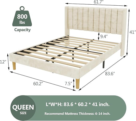 alazyhome Platform Bed Frame Queen Size with Upholstered Headboard, Solid Wood Slats Support, No Box Spring Needed, Noise Free, Easy Assembly, Modern Velvet Bed, Beige