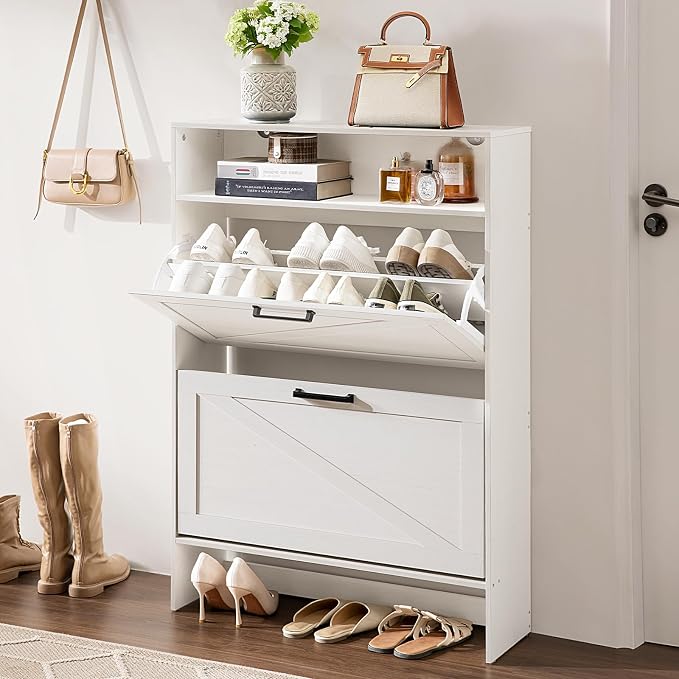 RWYHG Shoe Cabinet Storage for Entryway with 2 Flip Drawers Open Storage Layer Rack Narrow Organizer Slim Hidden Wood Shoe Cabinet Furniture White