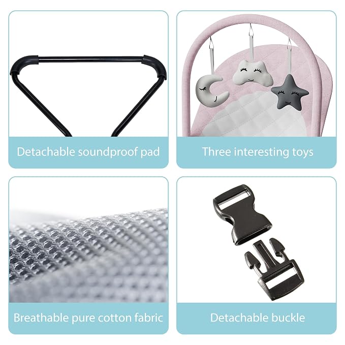 Portable Baby Bouncer Seat for Infants, 0-18 Months, 3 Modes of Use with Rocker & Stationary Options, Ergonomic Infant Chair with Hanging Toys,Pink