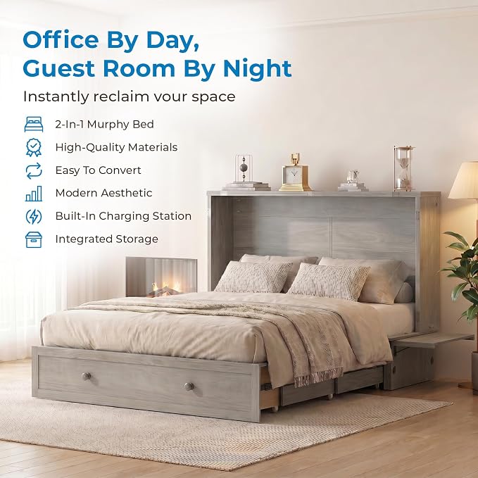 Mjkone Queen Murphy Bed Cabinet with Tri-fold Mattress, Cabinet Bed with Built-in Charging Station, Storage Drawer, Solid Wood Cabinets Bed, Cube Murphy Chest Beds for Guest Room, Home, Office, Grey