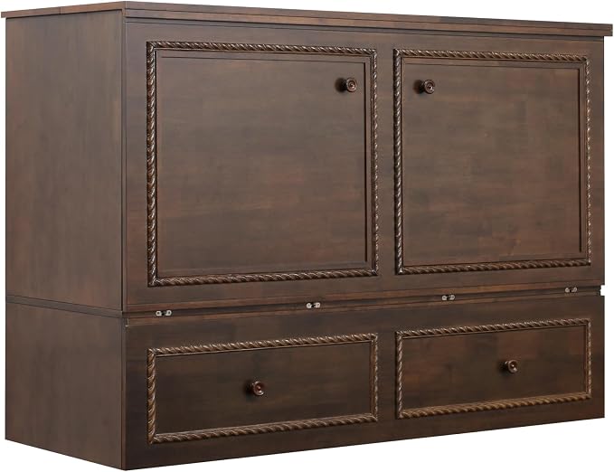 Mega Solutions Venetian Murphy Cabinet Bed with Deepest Storage Drawer On The Market and USB Charging Station 6 inch (Heritage Walnut, Queen)