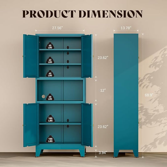 69"H Metal Pantry Cabinet with Microwave Stand,Tall Kitchen Storage Cabinets,Blue Food Pantry Cabinet with 4 Doors and Shelves, Large Hutch Cabinets for Kitchen, Dining Room, Living Room and Bathroom