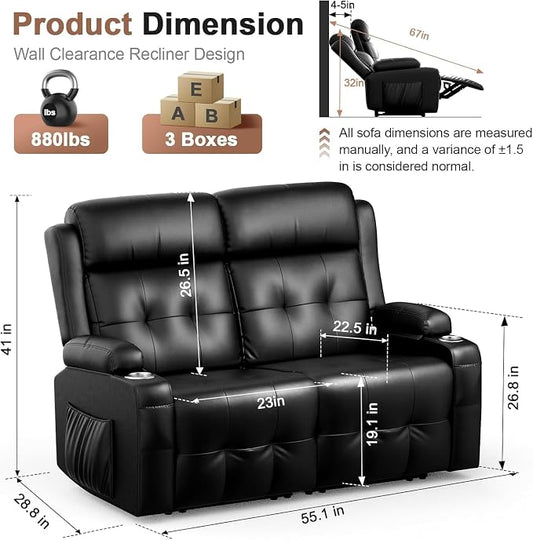 Reclining Loveseat, Massage Loveseat Recliner Sofa Heavy Weight Capacity, RV Love Seat Chair Clearance with Storage, Cup Holders, Wall Hugger Recliners Couches for Living Room & RV Campers