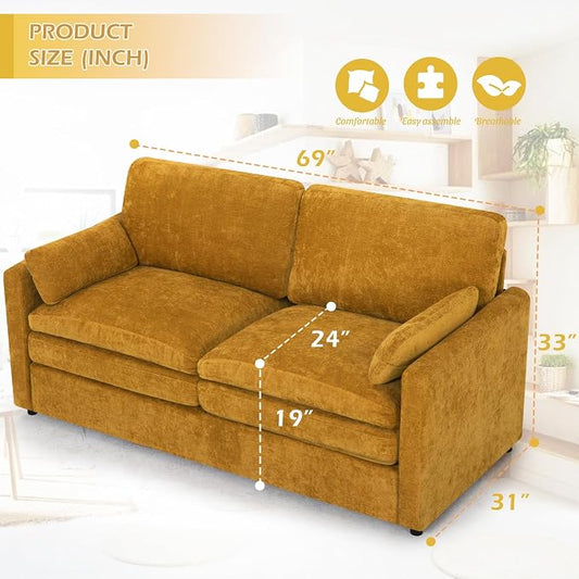 69” Chenille Loveseat Sofa w/Arm Pillows, Upholstered 2-Seater Sofa w/Comfortable Back Cushions, Modern 2 Seats Couch w/High-Density Foam for Living Room, Apartment, Office, Yellow