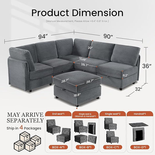 KKL Modular Sectional Sofa V-Shaped 6 Seater Couch with Storage Ottoman, Convertible L/J-Shaped Couch and Sofa Bed Plush Wide-Wale Corduroy for Living Room, Apartment, Modern Design, Gray