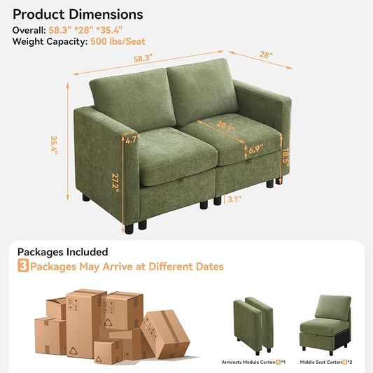 WUTUTUEE 58”Modular Sectional Loveseat Sofa, Modern Love Seat 2 Seater Sofa Couch with Storage, Chenille Modular Sectional Couch for Living Room, Bedroom, Office, Small Apartment, Green