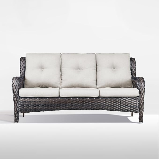 Outdoor Couch All Weather PE Wicker Patio Sofa Outdoor Sofa Deep Seating for Porch Deck Backyard-Brown/Beige