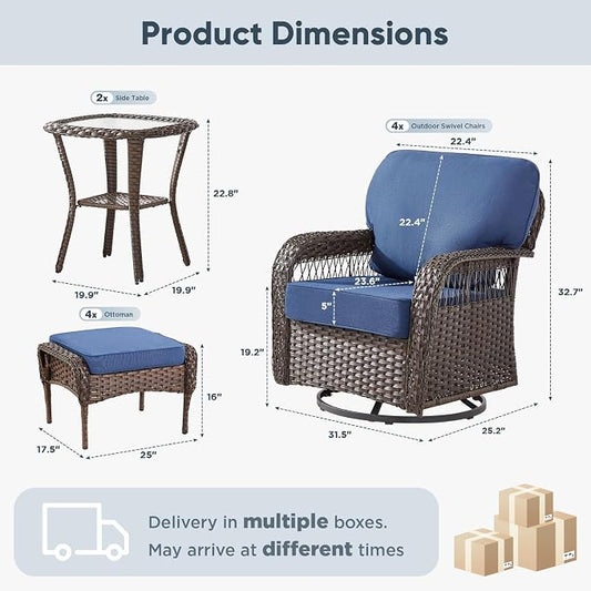 Belord Patio Wicker Swivel Rocker Patio Chairs with Ottoman, Outdoor Rattan Chairs for Deck Porch Poolside, 10 Piece Patio Conversation Furniture Set,Blue