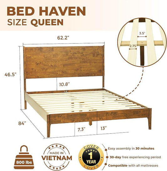 Acacia Haven Queen Bed Frame and Headboard, Platform Bed Frame Scandinavian Wood Bed Compatible with All Mattress Types, Wood Slats Support 800lbs Capacity, Quick & Easy Assembly, Caramel.