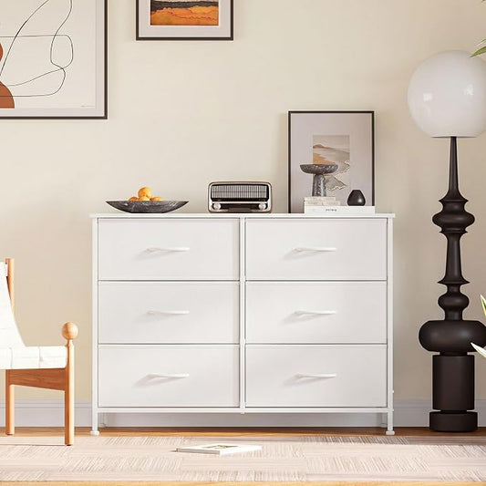 DUMOS White Bedroom Dresser for Closet, Fabric Dresser, Chest of 6 Drawers | Storage Organizer, Small Space TV Stand for Living Room, Anti-tip and Wooden Top, Home Furniture, Hallway