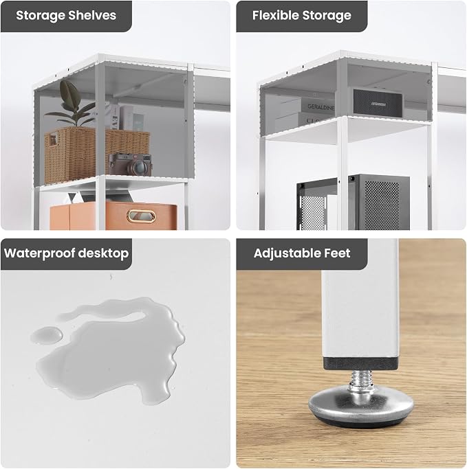 MINOSYS Computer Desk 55-inch with Storage Shelf - White Ideal Gaming Desk for Bedrooms, Small Spaces, and Home Offices Modern Writing Desk for PCs.